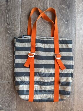 Rootote Japanese Brand Striped Canvas Messenger Tote w/Bright Orange Straps 0448